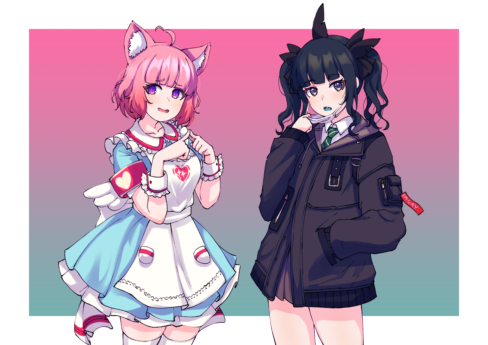 2girls aisu_koffie alternate_costume alternate_hairstyle animal_ear_fluff animal_ears antenna_hair artemis_of_the_blue atelier_live black_hair black_jacket blue_tongue blunt_bangs border cat_ears cat_girl collared_shirt colored_tongue commentary english_commentary gradient_background green_necktie hand_in_pocket heart heart_antenna_hair highres indie_virtual_youtuber jacket mask mouth_mask multiple_girls necktie open_mouth pink_hair shark_fin shark_girl sharp_teeth shirt short_hair teeth twintails valefal_coneri virtual_youtuber wavy_sidelocks white_border
