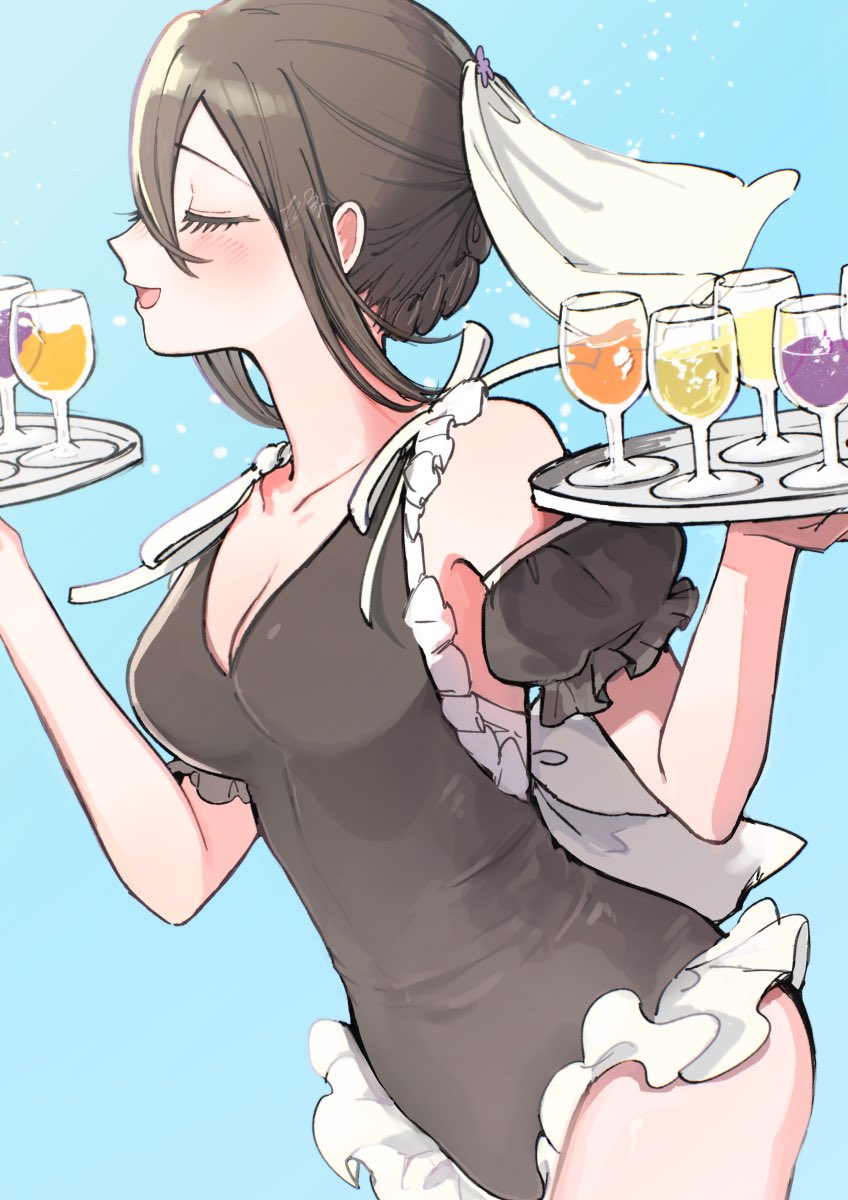 1girl artist_request black_hair black_one-piece_swimsuit blush breasts cleavage closed_eyes cup drinking_glass female_focus frilled_one-piece_swimsuit frills highres holding holding_tray kimi_no_koto_ga_dai_dai_dai_dai_daisuki_na_100-nin_no_kanojo large_breasts maid meido_mei one-piece_swimsuit oyomidtarumi smile swimsuit tray wine_glass