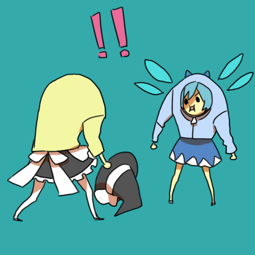 ! 2girls bad_id bad_pixiv_id cirno female_focus gomimushi hat holding holding_unworn_clothes holding_unworn_hat israfel_(evangelion) kirisame_marisa lowres multiple_girls neon_genesis_evangelion parody touhou unworn_hat unworn_headwear what