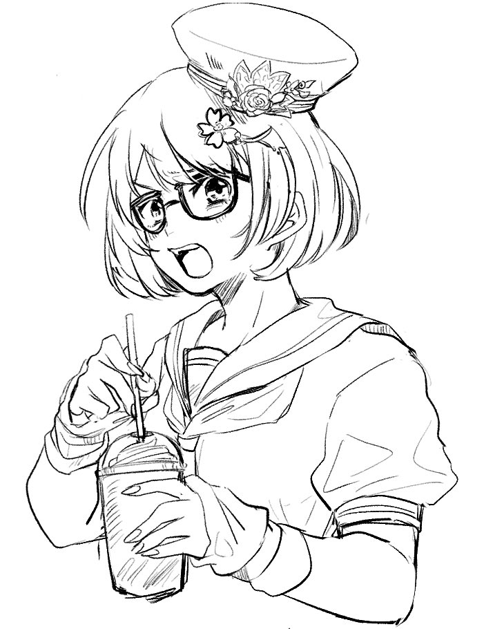 1girl arm_warmers benten_(housamo) blush cherry_blossoms commentary drinking_straw fingernails glasses greyscale hair_ornament hat holding holding_drinking_straw medium_hair monochrome neckerchief open_mouth raised_eyebrows sailor_collar school_uniform serafuku simple_background slushie solo tass_commuovere tokyo_houkago_summoners upper_body white_background