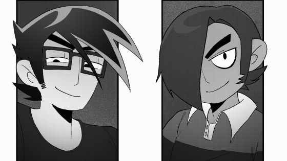 2boys black_eyeliner closed_mouth collared_shirt commentary dark-skinned_male dark_skin english_commentary existenc3 eyeliner furrowed_brow gideon_graves glasses greyscale hair_over_one_eye half-closed_eyes looking_at_viewer makeup male_focus matthew_patel monochrome multiple_boys rectangular_eyewear scott_pilgrim_(series) scott_pilgrim_takes_off shirt short_hair smile striped_clothes striped_shirt upper_body white_background