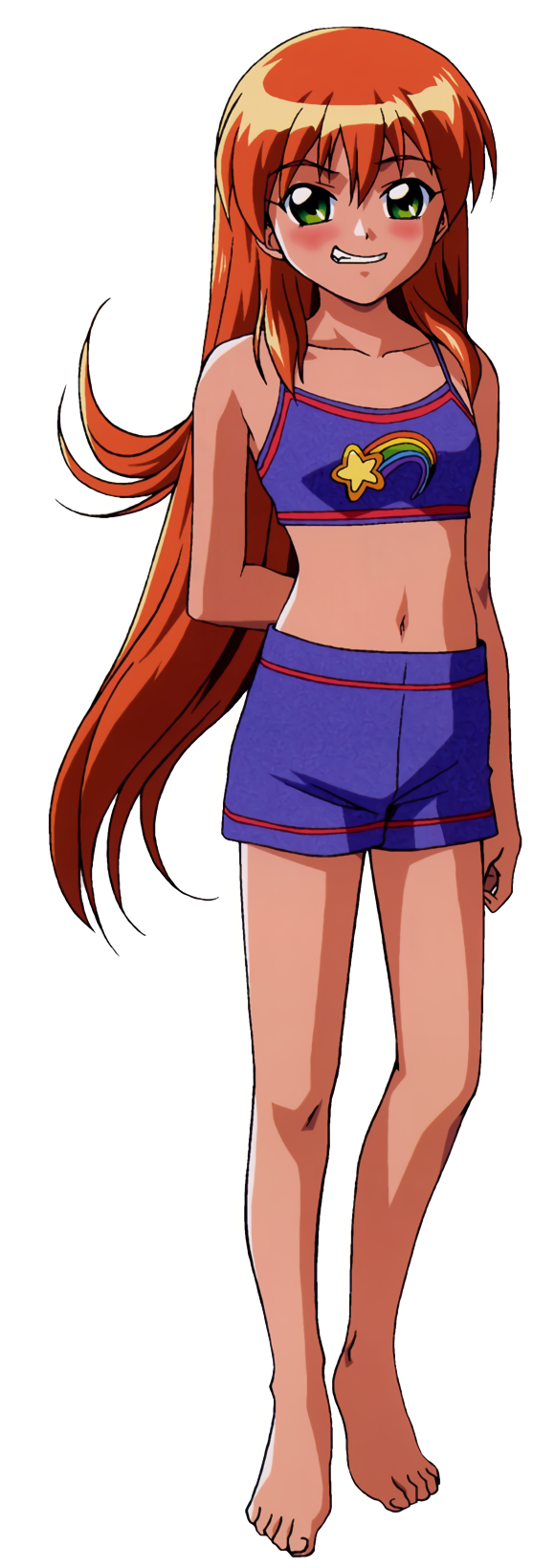 1990s_(style) 1girl akai_homura arm_behind_back barefoot bikini blue_bikini blush full_body green_eyes grin highres kokura_masashi long_hair looking_at_viewer navel non-web_source official_art orange_hair rainbow_print retro_artstyle simple_background smile solo standing star_(symbol) star_print swimsuit tokimeki_memorial tokimeki_memorial_2 white_background