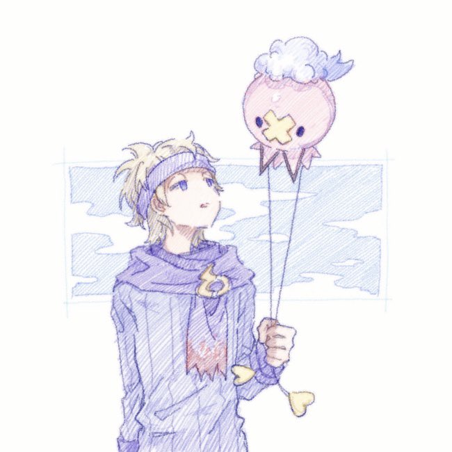 1boy blonde_hair drifloon game_freak gen_4_pokemon headband long_sleeves looking_at_another male_focus morty_(pokemon) nintendo open_mouth pokemon pokemon_(creature) pokemon_hgss purple_eyes purple_headband purple_scarf purple_shirt scarf shirt short_hair simple_background standing tan_carbonnn upper_body white_background
