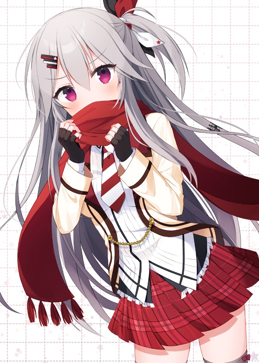 1girl adjusting_scarf aiyan black_gloves black_thighhighs blush bow bow_legwear commentary_request covered_mouth dutch_angle eyelashes eyes_visible_through_hair fingerless_gloves floating_hair fringe_trim gloves grey_hair hair_between_eyes hair_ribbon hanasaki_work_spring hands_up jacket long_hair long_scarf long_sleeves looking_at_viewer miniskirt necktie one_side_up open_clothes open_jacket pink_eyes plaid_clothes plaid_skirt pleated_skirt red_bow red_scarf red_skirt ribbon scarf school_uniform shiranui_inori shirt sidelocks simple_background skirt solo straight_hair striped_necktie thighhighs tsurime very_long_hair white_background white_shirt yellow_jacket zettai_ryouiki
