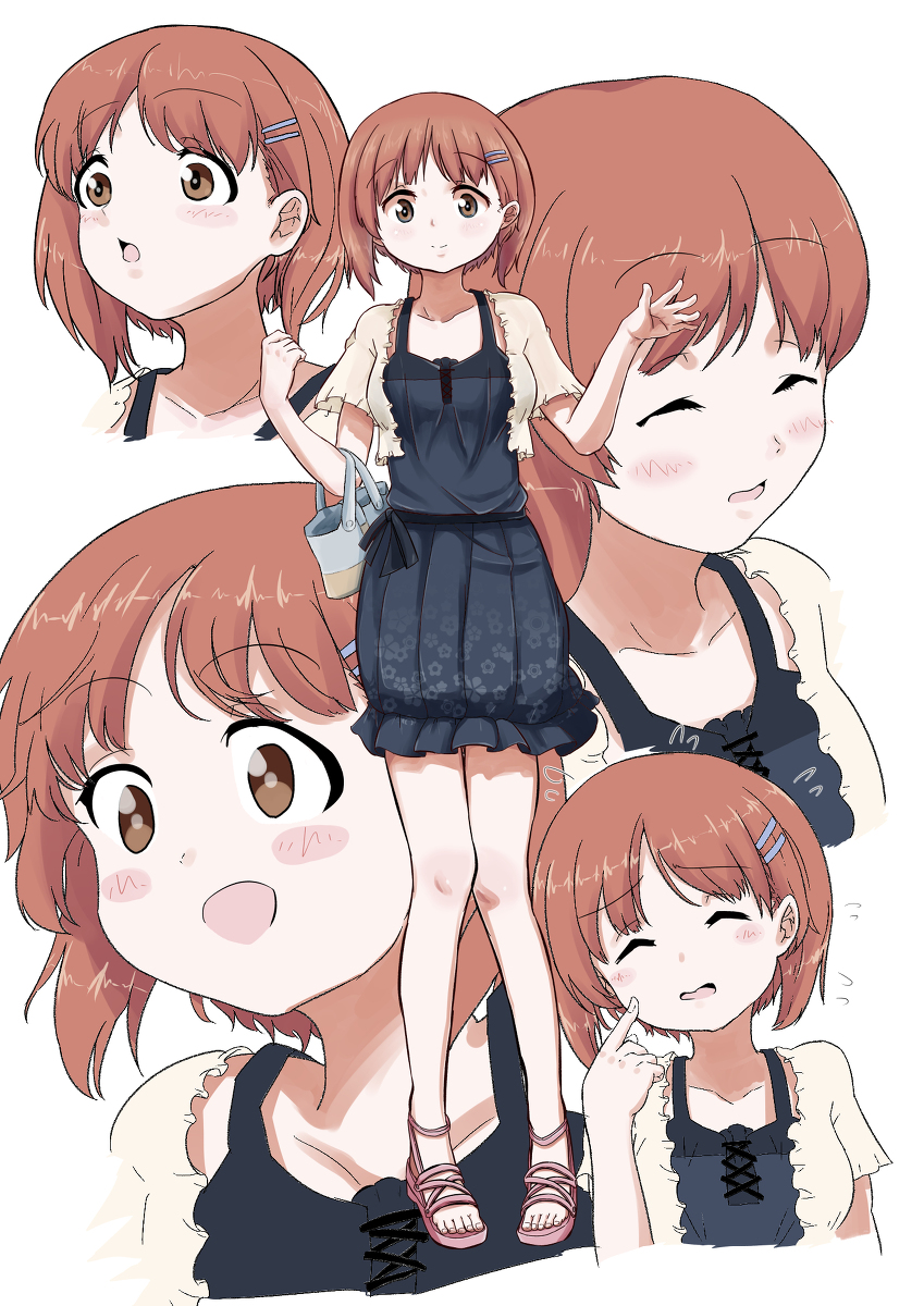 1girl adapted_costume alternate_hairstyle basket black_dress blush breasts brown_eyes brown_hair cardigan closed_eyes closed_mouth collarbone dress floral_print floral_print_dress girls_und_panzer hair_ornament hairpin halter_dress halterneck highres holding holding_basket jacket medium_dress multiple_views nishizumi_miho open_mouth print_dress sandals shirt short_hair smile spaghetti_strap sundress toenails yakatamichi yellow_cardigan yellow_jacket yellow_shirt