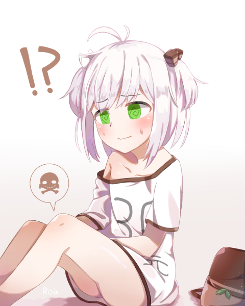 !? 1girl @_@ ass between_legs blush closed_mouth clothes_writing feet_out_of_frame food-themed_hair_ornament gradient_background green_eyes grey_background grey_hair hair_ornament hand_between_legs knees_up off_shoulder roin shirt short_sleeves sitting skull_and_crossbones small_sweatdrop solo spoken_skull sweat two_side_up wavy_mouth white_background white_shirt xiaoru_(you_can_eat_the_girl) you_can_eat_the_girl