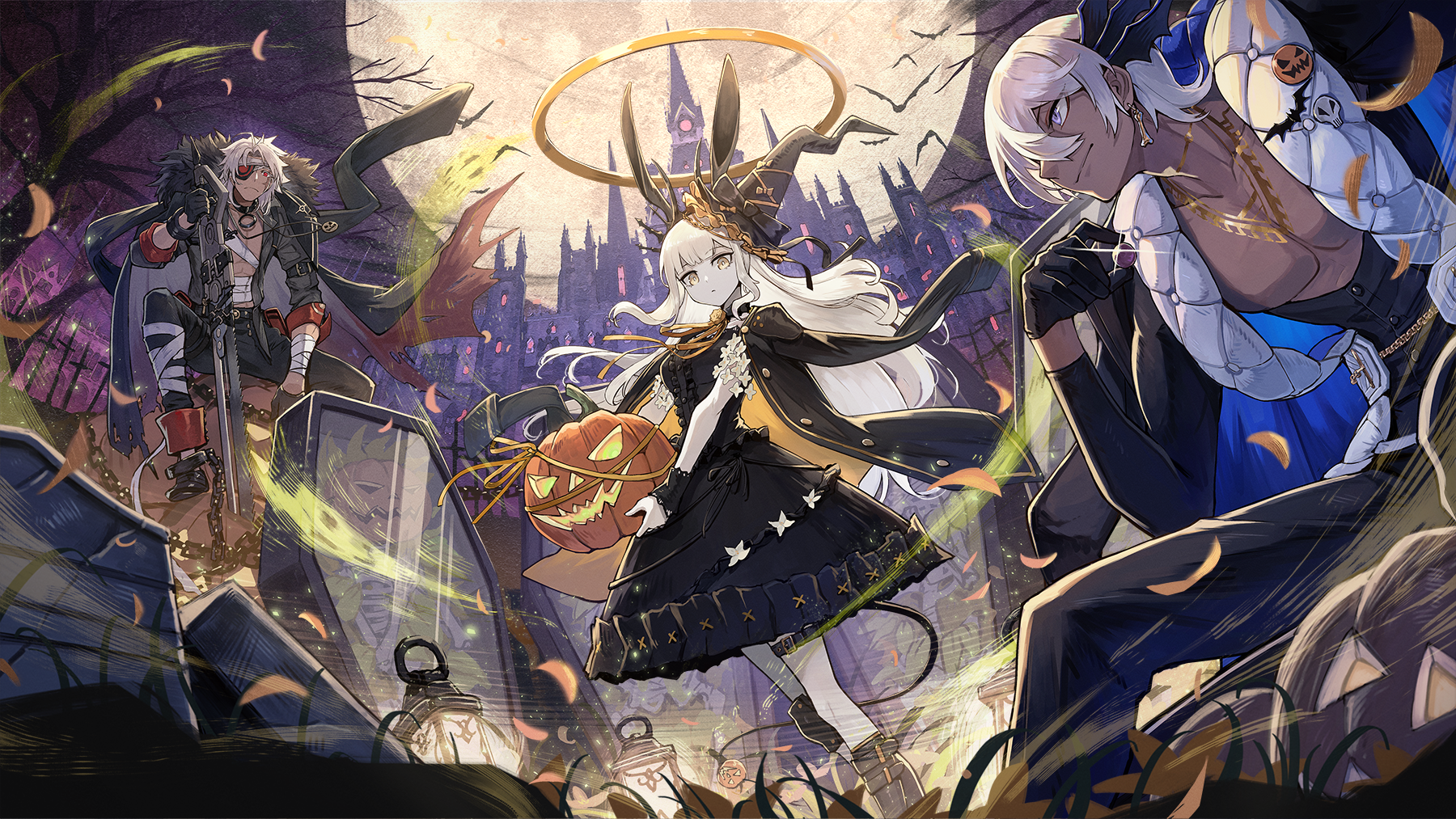 1girl 2boys alchemy_stars animal_ears bandaged_arm bandaged_leg bandages bat_(animal) black_dress black_gloves black_pants black_shirt boots buttons center_frills chain cleavage_cutout clothing_cutout coat coat_on_shoulders coffin commentary_request corax_(alchemy_stars) cuffs cuscuta_(alchemy_stars) dark-skinned_male dark_skin dress earrings eyepatch frills full_moon fur-trimmed_coat fur_trim gloves halo hat highres holding holding_pumpkin holding_sword holding_vegetable holding_weapon jack-o'-lantern jacket jacket_on_shoulders jewelry kuroi_susumu lantern leaf long_hair looking_at_viewer mansion moon multiple_boys official_art open_clothes open_shirt pants pectorals planted planted_sword planted_weapon pumpkin purple_eyes rabbit_ears scar scar_across_eye scar_on_face shackles shirt short_hair sitting skeleton smile sparkle standing sword tail taki_(alchemy_stars) tombstone weapon white_hair