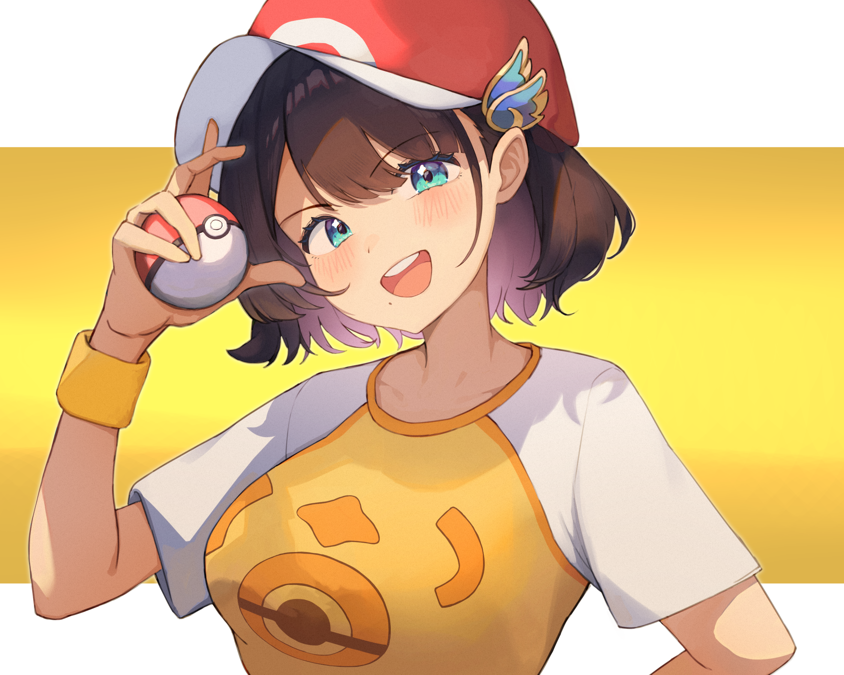 1girl baseball_cap blue_eyes blush brown_hair deho_toiimasu hat hat_ornament highres holding holding_poke_ball mole mole_under_mouth nijisanji nintendo open_mouth poke_ball pokemon shiga_riko shirt short_hair short_sleeves smile solo sweatband t-shirt virtual_youtuber wing_hat_ornament wristband