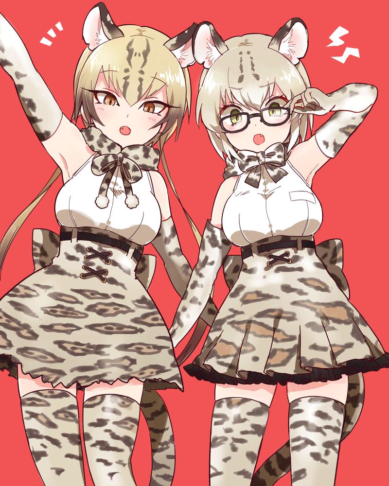 10s 2girls 50yen_(gojiue) :o adjusting_eyewear animal_ears animal_print arm_at_side arm_up armpits bare_shoulders black-framed_eyewear black_hair blonde_hair blush bow bowtie breasts brown_eyes cat_ears cat_tail cowboy_shot elbow_gloves fang glasses gloves gradient_hair green_eyes hand_up high-waist_skirt kemono_friends legs_apart long_hair looking_at_viewer margay_(kemono_friends) medium_breasts miniskirt multicolored_hair multiple_girls ocelot_(kemono_friends) red_background short_hair simple_background skirt sleeveless standing tail thighhighs underbust zettai_ryouiki