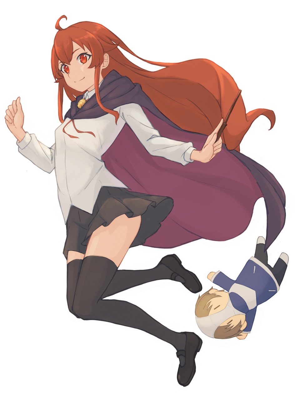 1girl ahoge black_footwear black_skirt black_thighhighs breasts cape character_doll closed_mouth cosplay eris_greyrat from_side full_body hair_between_eyes highres hiraga_saito hiraga_saito_(cosplay) holding holding_wand jumping kurogoma183 long_hair looking_at_viewer louise_francoise_le_blanc_de_la_valliere louise_francoise_le_blanc_de_la_valliere_(cosplay) mushoku_tensei object_on_head panties panties_on_head purple_cape red_eyes rudeus_greyrat shirt simple_background skirt small_breasts smile solo thighhighs underwear wand white_background white_shirt witch zero_no_tsukaima