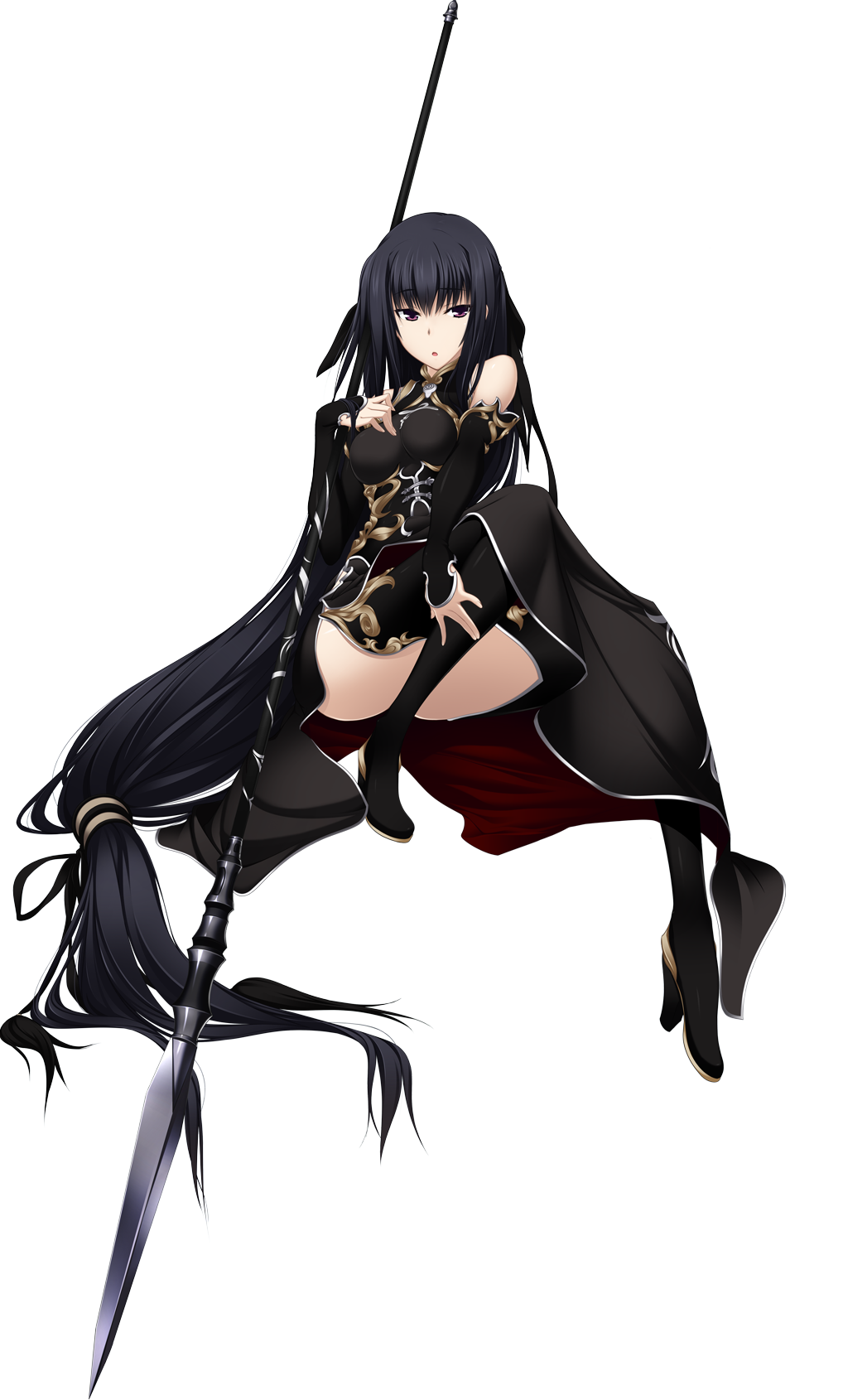 1girl bare_shoulders black_dress black_hair black_thighhighs boots detached_sleeves dress female_focus full_body hair_ribbon high_heels highres kawagishi_keitarou long_hair low-tied_long_hair maji_de_watashi_ni_koi_shinasai! maji_de_watashi_ni_koi_shinasai!_s open_mouth polearm purple_eyes ribbon rinchuu_(majikoi) side_slit solo spear thigh_boots thighhighs transparent_background very_long_hair weapon