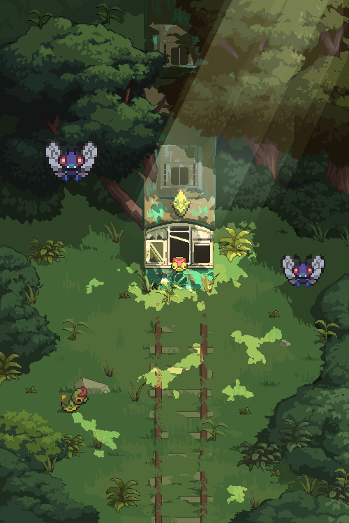 bush butterfree caterpie day forest gen_1_pokemon grass king_joe_(neoroto) light_rays mixed-language_commentary nature nintendo no_humans outdoors pixel_art pokemon pokemon_(creature) pokemon_focus railroad_tracks shadow train tree