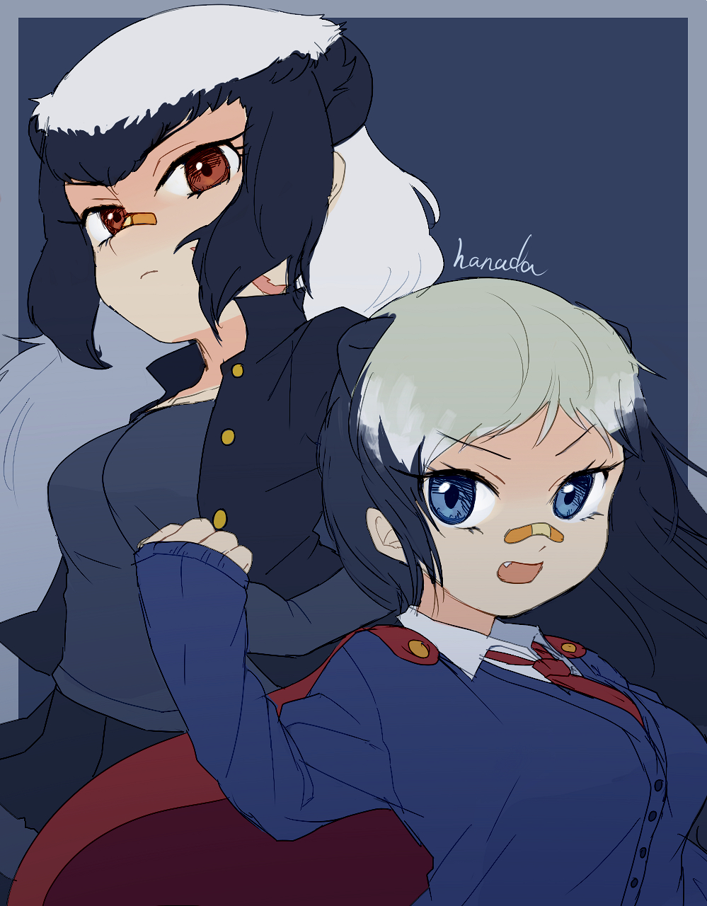 2girls badger_ears bandaid bandaid_on_face bandaid_on_nose blue_eyes brown_eyes cape fang hanada_(cobalt003) highres ratel_(kemono_friends) jacket kemono_friends multicolored_hair multiple_girls necktie short_hair simple_background two-tone_hair v-shaped_eyebrows