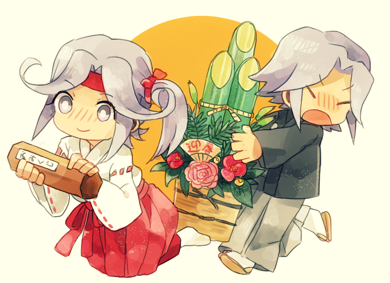 1boy 1girl blush closed_eyes dio_(tales) dress flower grey_eyes grey_hair japanese_clothes long_hair mel_(tales) miko open_mouth rose short_hair side_ponytail smile socks tales_of_(series) tales_of_phantasia:_narikiri_dungeon tales_of_phantasia:_narikiri_dungeon_x wide_sleeves