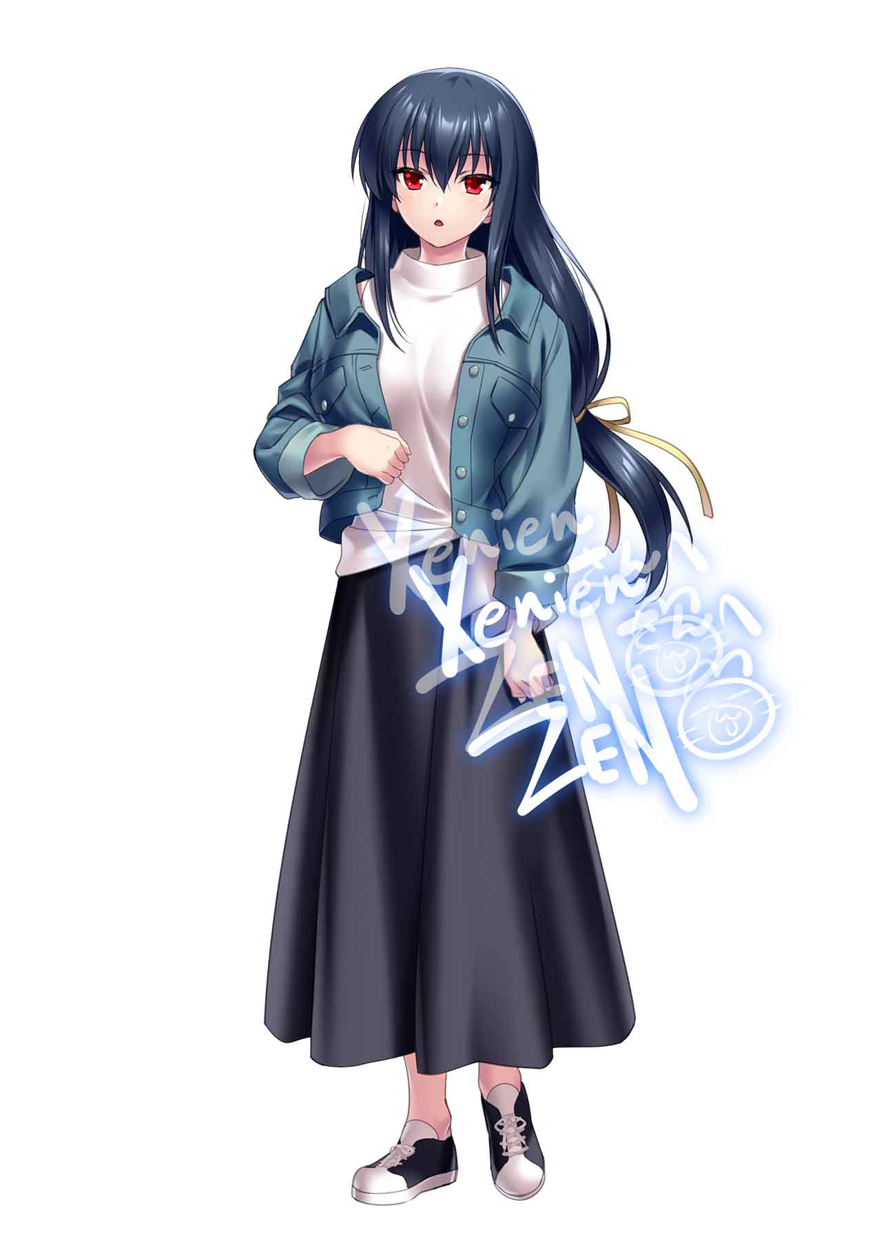 1girl angel_beats! arm_at_side black_skirt blue_jacket breasts casual clenched_hands commentary commission english_commentary eyelashes eyes_visible_through_hair full_body hair_between_eyes hair_ribbon hand_up heart highres jacket large_breasts light_blush long_hair long_skirt looking_at_viewer open_clothes open_jacket open_mouth paid_reward_available red_eyes ribbon second-party_source shiina_(angel_beats!) shirt shoes sidelocks signature skeb_commission skirt sneakers solo spoken_heart sprite standing straight-on very_long_hair white_shirt yellow_ribbon zen_(kamuro)