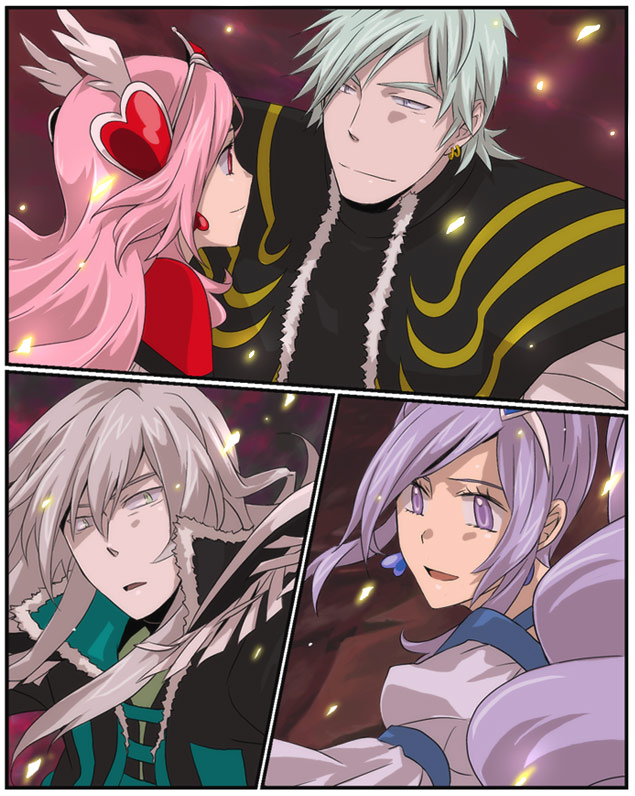 00s 2boys 2girls aono_miki coat cure_berry cure_passion fresh_precure! fuyu_(lupus) green_eyes green_hair higashi_setsuna long_hair minami_shun multiple_boys multiple_girls nishi_hayato pale_skin pink_hair precure purple_eyes purple_hair red_eyes silver_hair smile souler souler_(fresh_precure!) tiara wester wester_(fresh_precure!)