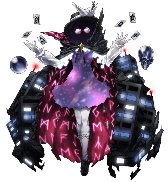 1girl bad_id bad_pixiv_id bird building cape card clothes_writing female_focus full_body glasses hat hat_ribbon mazeran occult_ball palace persona ribbon rune runes skull solo touhou transparent_background usami_sumireko zener_card