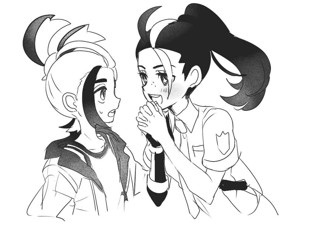 +_+ 1boy 1girl :d blush breast_pocket collared_shirt commentary_request eye_contact eyelashes fingerless_gloves freckles gloves greyscale hands_up interlocked_fingers jacket kieran_(pokemon) looking_at_another loose_hair_strand monochrome multicolored_hair mxkjxm_(nhss2337) nemona_(pokemon) nintendo open_clothes open_jacket open_mouth own_hands_together pocket pokemon pokemon_sv ponytail shirt short_sleeves simple_background single_glove smile sweatdrop teeth two-tone_hair upper_teeth_only