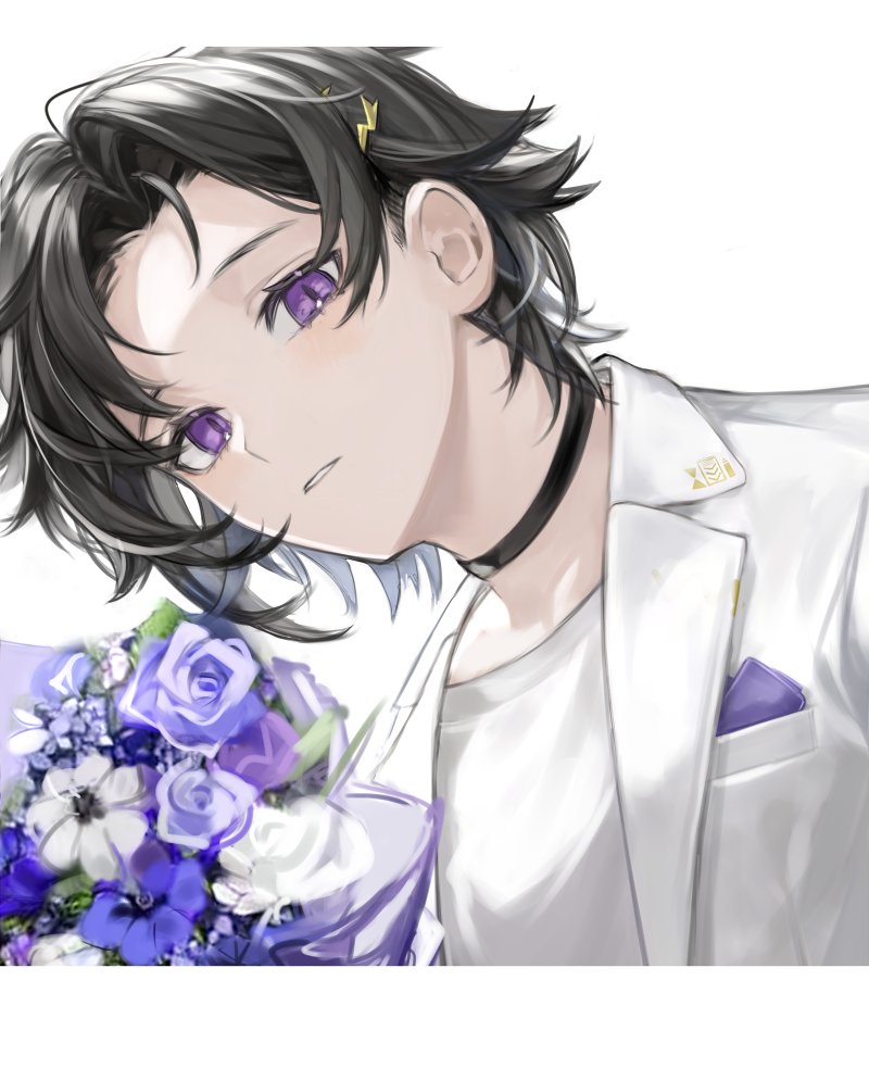 1boy anemone_(flower) black_choker black_hair border bouquet choker collarbone crew_neck curtained_hair flower hair_ornament hairclip holostars jacket kanade_izuru kisi_hana lapels letterboxed lightning_bolt lightning_bolt_hair_ornament lightning_bolt_symbol looking_at_viewer male_focus notched_lapels official_alternate_costume parted_bangs parted_lips pocket_square purple_eyes purple_flower purple_rose rose shirt short_hair slit_pupils upper_body virtual_youtuber white_background white_border white_flower white_jacket white_rose white_shirt