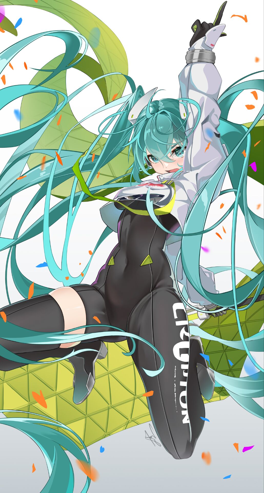 1girl absurdly_long_hair aqua_eyes aqua_hair asymmetrical_bodysuit black_bodysuit bodysuit boots breasts confetti covered_navel cropped_jacket flag gloves goodsmile_company goodsmile_racing green_flag hatsune_miku highres jacket jumping kiyu_(user_gumh3224) long_hair long_sleeves looking_at_viewer medium_breasts open_mouth pointing pointing_up race_queen racing_miku racing_miku_(2022) single_leg_bodysuit single_thigh_boot single_thighhigh smile solo text_print thigh_boots thighhighs twintails two-tone_gloves very_long_hair vocaloid white_jacket