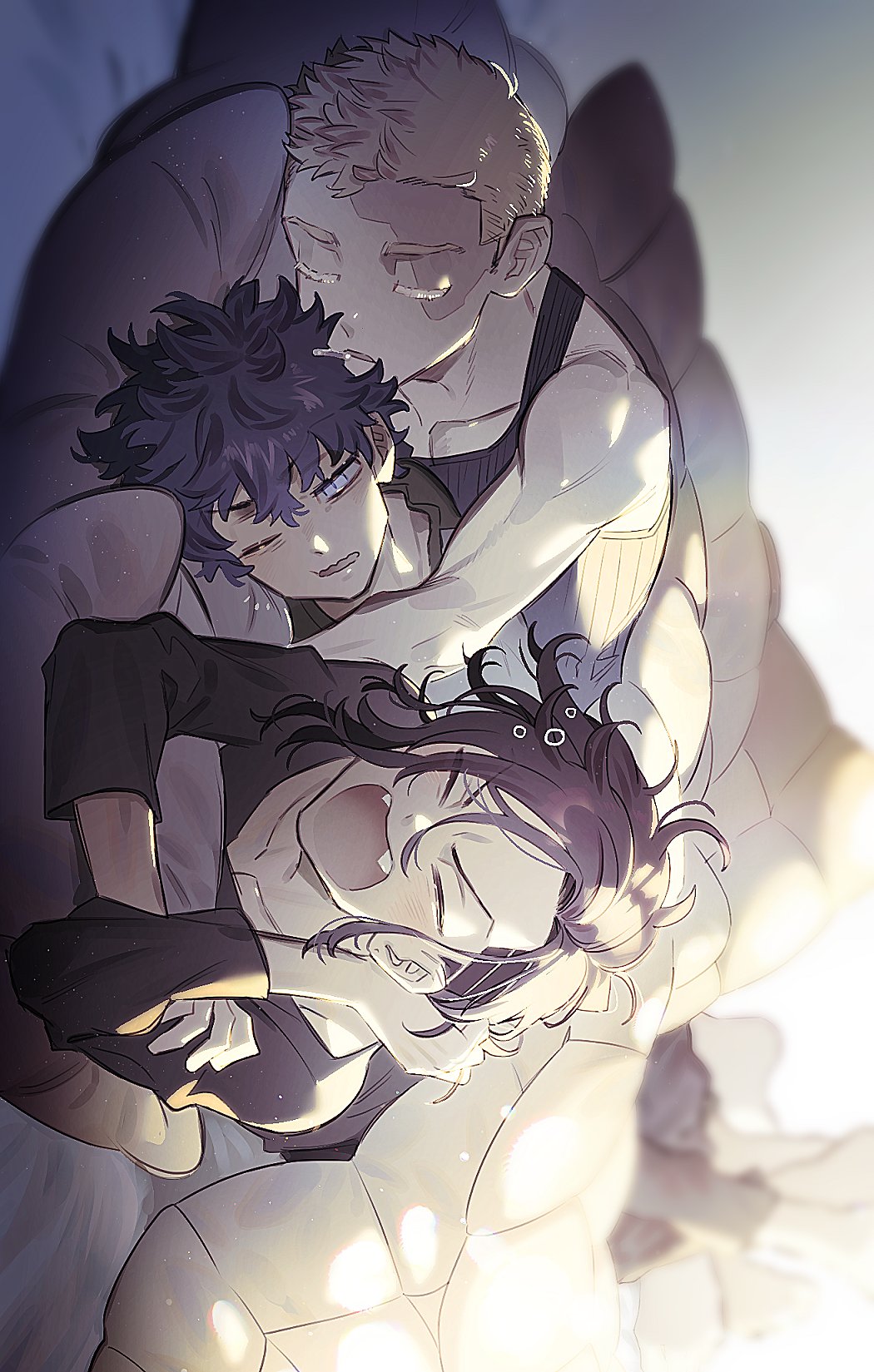 &gt;_&lt; 13bnc_c 3boys asymmetrical_hair black_hair black_shirt black_tank_top blanket blonde_hair burn_scar fangs hair_between_eyes hanagaki_takemichi highres hug inui_seishu kokonoi_hajime long_sleeves lying male_focus multiple_boys on_side on_stomach one_eye_closed open_mouth pillow scar scar_on_face shirt short_hair sleeping tank_top tokyo_revengers white_shirt