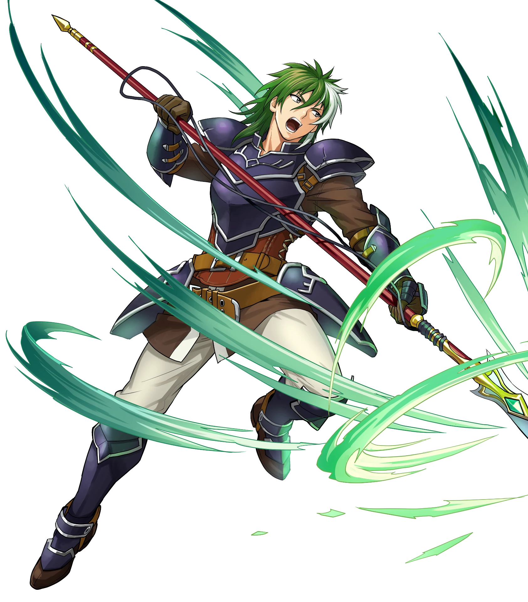 1boy armor belt boots fire_emblem fire_emblem:_the_blazing_blade fire_emblem_heroes full_body gloves green_eyes green_hair heath_(fire_emblem) highres long_hair male_focus multicolored_hair nintendo official_art open_mouth polearm solo spear teeth transparent_background two-tone_hair weapon white_hair