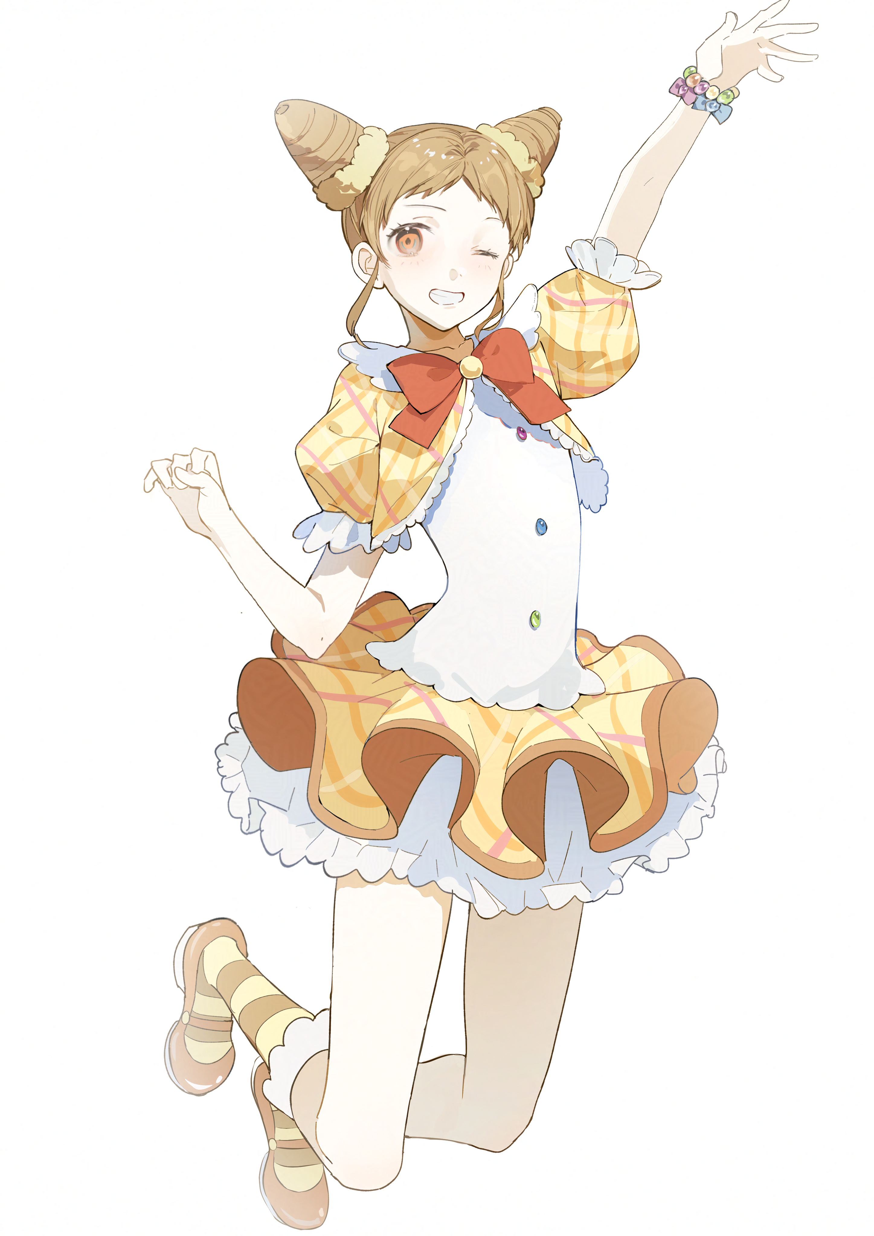 1girl absurdres aikatsu! aikatsu!_(series) arisugawa_otome arm_up bare_arms bead_bracelet beads blue_bow bow bowtie bracelet brooch brown_eyes brown_hair brown_ribbon buttons cardigan circle_skirt cone_hair_bun dot_nose double_bun eyelashes forehead frilled_sleeves frilled_socks frills full_body grin hair_bun hair_ornament hair_scrunchie happy highres idol jewelry jumping kneehighs layered_skirt leg_ribbon mary_janes miniskirt morgue_(southsakura) multicolored_buttons one_eye_closed orange_bow orange_bowtie orange_shoes plaid_cardigan plaid_clothes plaid_skirt pleated_skirt puffy_short_sleeves puffy_sleeves purple_bow ribbon scrunchie shirt shoes short_hair short_sleeves simple_background skirt smile socks solo white_background white_shirt white_skirt yellow_cardigan yellow_scrunchie yellow_skirt yellow_socks