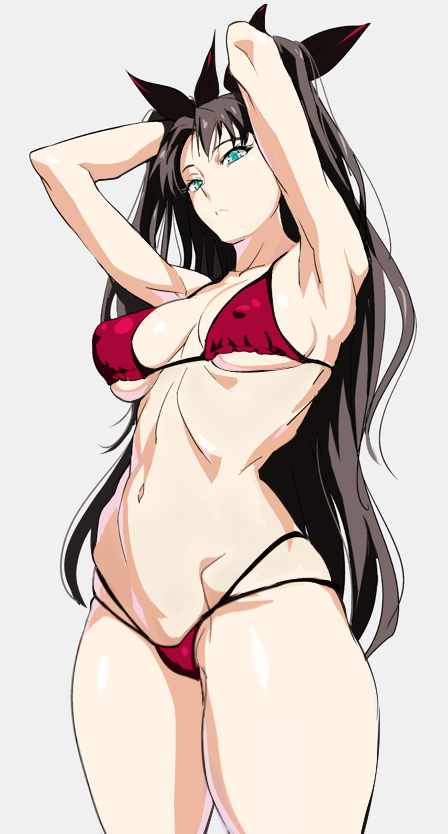 1girl armpits arms_up bikini breasts brown_hair covered_erect_nipples fate/stay_night fate_(series) green_eyes long_hair medium_breasts revision shino_(comic_penguin_club) shiny_skin solo standing swimsuit tohsaka_rin two_side_up very_long_hair