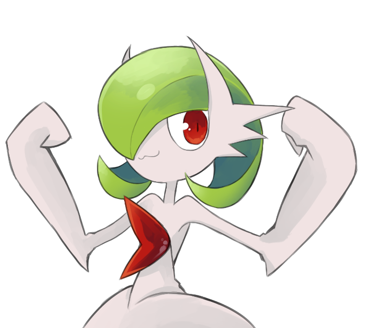 bob_cut colored_skin dmt_(auburn) dress gardevoir gen_3_pokemon green_hair hair_over_one_eye looking_at_viewer mega_gardevoir mega_pokemon nintendo pokemon pokemon_(creature) red_eyes simple_background smile strapless strapless_dress white_background white_dress white_skin