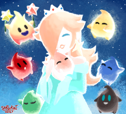 1girl ^_^ arms_up artist_name bare_shoulders black_eyes blank_eyes blonde_hair blue_background blue_dress blue_eyes closed_eyes colored_skin crown dress female_focus floating glowing hair_flaps hair_over_one_eye hands_up happy holding hug hungry_luma_(super_mario_galaxy) lipstick long_hair long_sleeves lowres luma_(mario) makeup mario_(series) mini_crown nintendo no_mouth off-shoulder_dress off_shoulder one_eye_covered open_mouth own_hands_together parted_lips rosalina sarukaiwolf sidelocks signature smile solid_oval_eyes star_(sky) super_mario_galaxy teeth u_u upper_body white_headwear white_skin