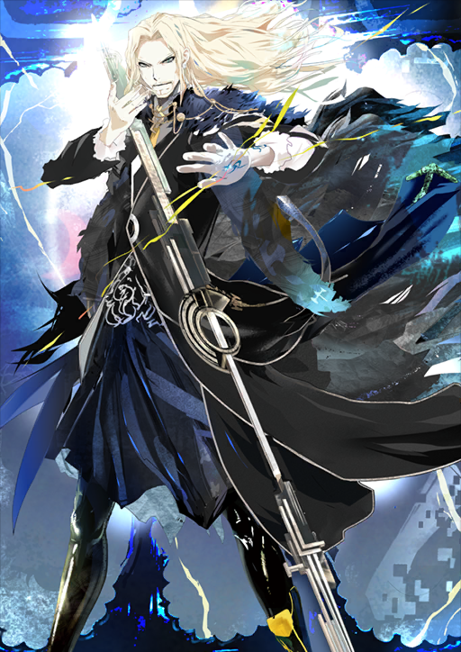 1boy black_boots black_coat blonde_facial_hair blonde_hair boots capelet closed_mouth coat curtained_hair facial_hair fate/grand_order fate_(series) feet_out_of_frame fur_capelet glowing_tattoo goatee green_eyes hand_tattoo hands_up holding holding_polearm holding_weapon kazikli_bey_(fate/apocrypha) legs_apart lightning long_hair long_sleeves looking_at_viewer maeda_hirotaka male_focus mustache official_art polearm solo standing sweater tattoo third-party_source turtleneck turtleneck_sweater variant_set vlad_iii_(fate/apocrypha) weapon white_sweater