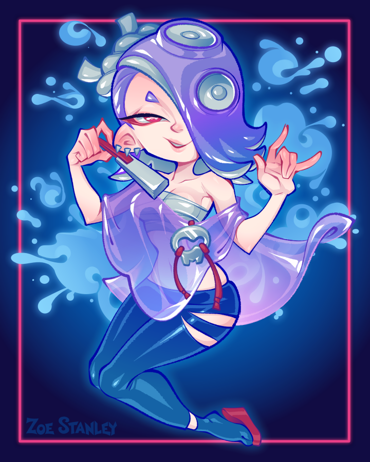 1girl bleedingpervert blue_background blue_hair capelet chest_sarashi collarbone ear_piercing full_body hair_over_one_eye looking_at_viewer navel nintendo octoling pants piercing red_eyes sandals sarashi shiver_(deep_cut_outfit)_(splatoon) shiver_(splatoon) shoes smile solo splatoon_(series) splatoon_3 tentacle_hair torn_clothes torn_pants
