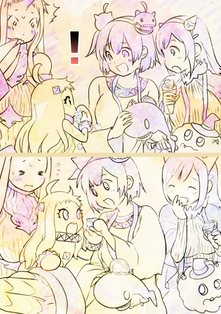 ! &gt;_&lt; 4girls :d :o abyssal_ship ahoge alternate_costume blurry casual claws comic cosplay depth_of_field detached_sleeves enemy_aircraft_(kancolle) fake_horns feeding food hairband halloween halloween_costume hiryuu_(kancolle) holding horns i-class_destroyer ice_cream ice_cream_cone kantai_collection long_hair midway_hime_(cosplay) midway_princess miss_cloud mittens multiple_girls northern_ocean_hime_(cosplay) northern_ocean_princess open_mouth pantyhose pleated_skirt red_eyes seaport_water_oni short_hair silent_comic single_horn sitting size_difference sketch skirt smile souryuu_(kancolle) sweat yuzuki_yuno