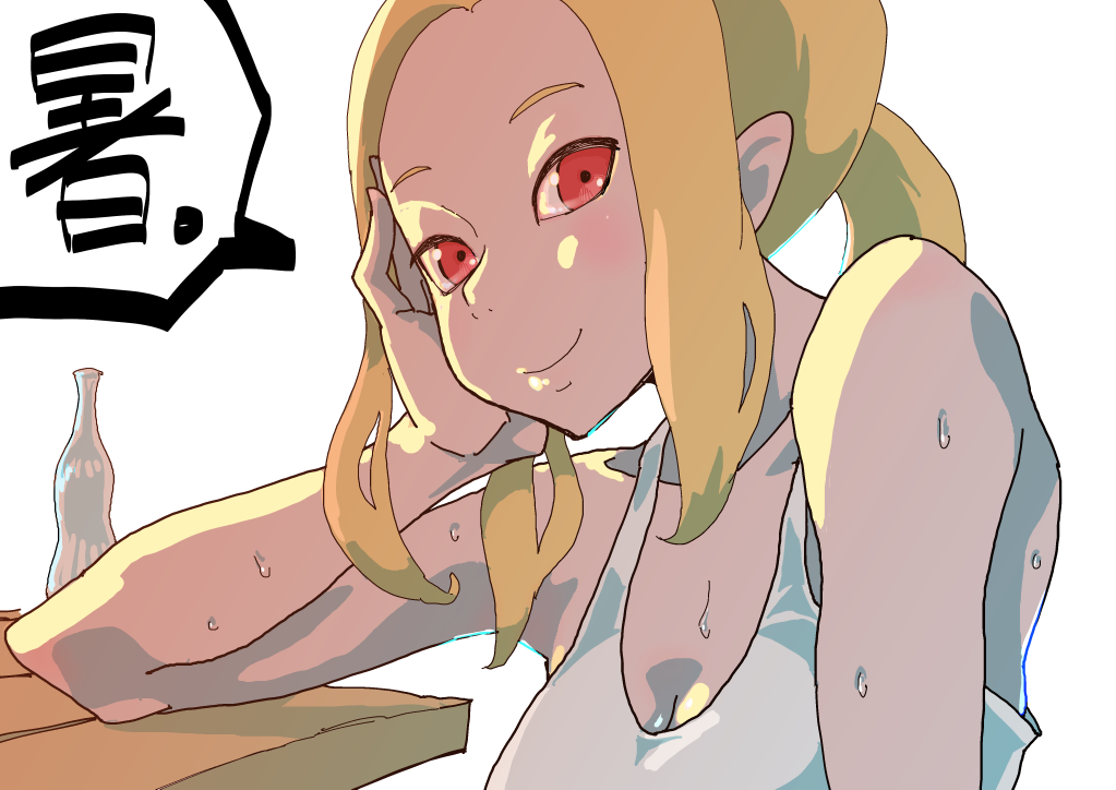 1girl blonde_hair breasts cleavage closed_mouth elbow_on_table gravity_daze kitten_(gravity_daze) long_hair looking_at_viewer pointy_ears pungter red_eyes smile solo sweat white_background