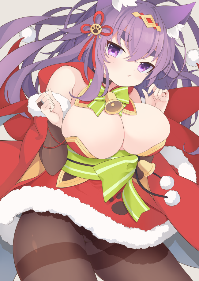 1girl animal_ears azur_lane bare_shoulders bell breasts cat_ears christmas cleavage collar detached_sleeves eyebrows_hidden_by_hair female_focus gyusukiudon hair_ornament japanese_clothes large_breasts long_hair looking_at_viewer neck_bell pantyhose purple_eyes purple_hair solo thick_eyebrows urakaze_(azur_lane) urakaze_(seasonal_shogun)_(azur_lane)