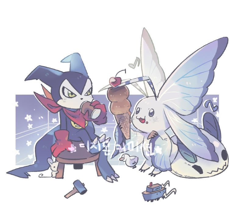 antennae digimon digimon_(creature) food gloves ice_cream impmon morphomon scarf wings
