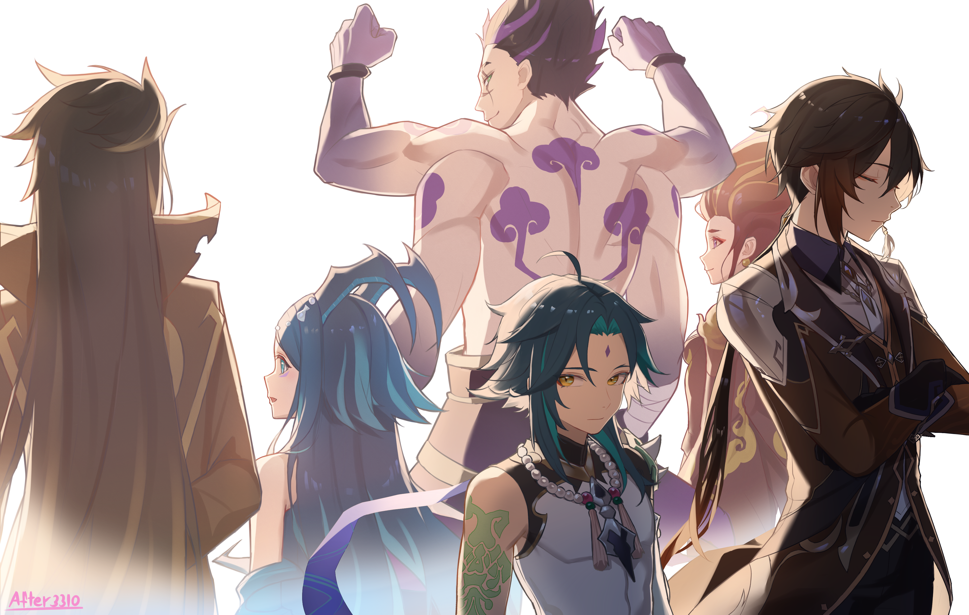 2girls 4boys absurdres after3310 ahoge aqua_hair arm_tattoo arms_up artist_name back_tattoo bandaged_arm bandages bead_necklace beads black_gloves blue_eyes blue_hair bonanus_(genshin_impact) bosacius_(genshin_impact) brown_hair brown_jacket brown_shirt brown_vest closed_eyes closed_mouth collared_shirt commentary crossed_arms earrings extra_arms facial_mark facing_away fiery_hair forehead_mark genshin_impact gloves green_eyes green_hair hair_between_eyes highres horns indarias_(genshin_impact) jacket jewelry long_hair long_sleeves looking_at_viewer low_ponytail menogias_(genshin_impact) multicolored_hair multiple_boys multiple_girls necklace necktie open_mouth parted_bangs ponytail profile purple_hair red_hair scar scar_across_eye scar_on_face shirt short_hair short_hair_with_long_locks shoulder_spikes sidelocks simple_background single_earring sleeveless sleeveless_shirt smile smirk spiked_hair spikes streaked_hair tassel tassel_earrings tattoo upper_body very_long_hair vest white_background white_necktie white_shirt xiao_(genshin_impact) yellow_eyes zhongli_(genshin_impact)