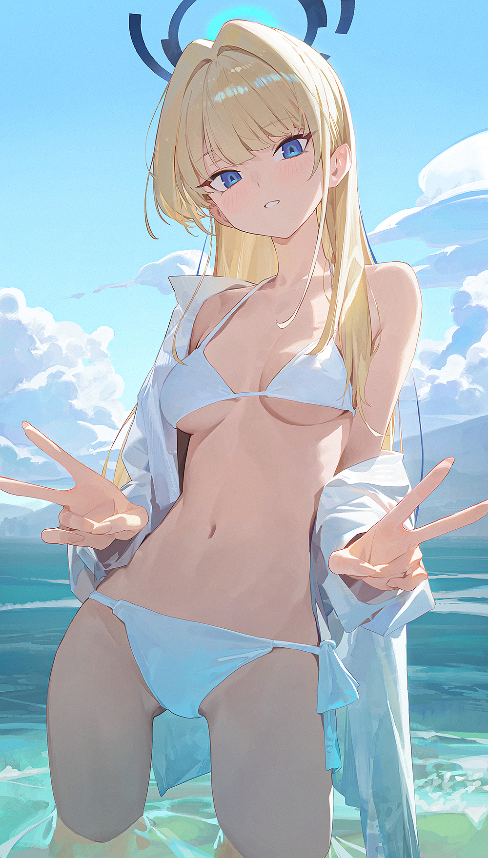 1girl alternate_costume bikini blonde_hair blue_archive blue_eyes blue_halo blue_sky breasts cloud commentary double_v halo highres jacket long_hair looking_at_viewer medium_breasts modare navel ocean open_clothes open_jacket outdoors parted_lips partially_submerged shirt single_bare_shoulder single_off_shoulder sky smile solo standing stomach summer swimsuit thighs toki_(blue_archive) v very_long_hair white_bikini white_jacket white_shirt