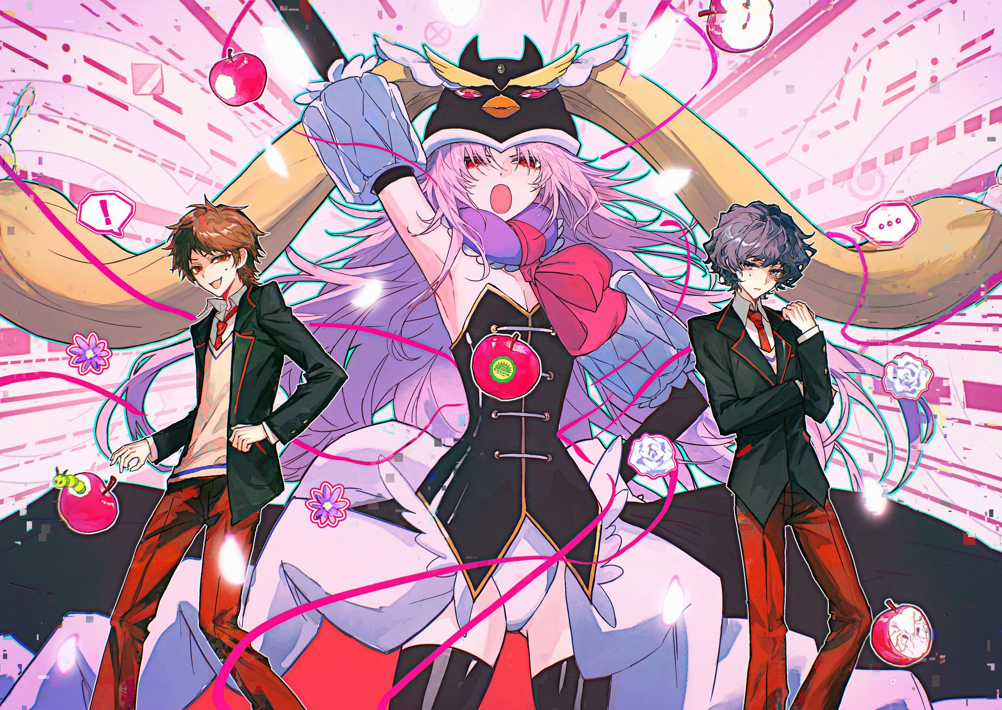 3boys apple black_jacket blazer blue_eyes blue_hair brown_eyes brown_hair collared_shirt cosplay crossdressing curly_hair daisy_(flower) flower food fruit harada_minoru hat hatsutori_hajime highres jacket long_hair mawaru_penguindrum multiple_boys necktie pants pink_hair princess_of_the_crystal princess_of_the_crystal_(cosplay) purple_flower red_eyes red_necktie red_pants rose saibou_shinkyoku school_uniform shirt short_bangs sweater_vest takakura_kanba takakura_kanba_(cosplay) takakura_shouma takakura_shouma_(cosplay) utsugi_noriyuki white_flower white_rose white_shirt xuanyuan yellow_sweater_vest