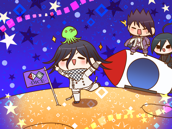 3boys ^^^ ahoge animal animal_on_head arm_belt arms_up belt belt_buckle black_eyes black_footwear black_hair black_jacket black_pants black_scarf blue_background buckle buttons chain checkered_clothes checkered_scarf chibi coat coat_partially_removed collared_coat collared_jacket colored_tips commentary_request crescent danganronpa_(series) danganronpa_v3:_killing_harmony double-breasted eyelashes facial_hair flag floral_background goatee grey_footwear grey_jacket hair_between_eyes high_collar jacket lapels layered_sleeves light_blush long_sleeves looking_at_another male_focus middle_finger momota_kaito moon multicolored_buttons multicolored_hair multiple_belts multiple_boys notched_lapels octopus oma_kokichi on_head open_belt open_clothes open_jacket open_mouth outstretched_arms pale_skin pants pinstripe_pants pinstripe_pattern pocket purple_coat purple_hair purple_pants rocket saihara_shuichi scarf shadow shirt shoes short_hair slippers smile solid_oval_eyes space_print sparkle spiked_hair standing standing_on_one_leg star_(symbol) star_symbol_background starry_sky_print sweatdrop thigh_belt thigh_strap triangle_mouth two-sided_coat two-sided_fabric two-tone_scarf unmoving_pattern v-shaped_eyebrows white_belt white_jacket white_pants white_scarf white_shirt wrist_belt yumaru_(marumarumaru)
