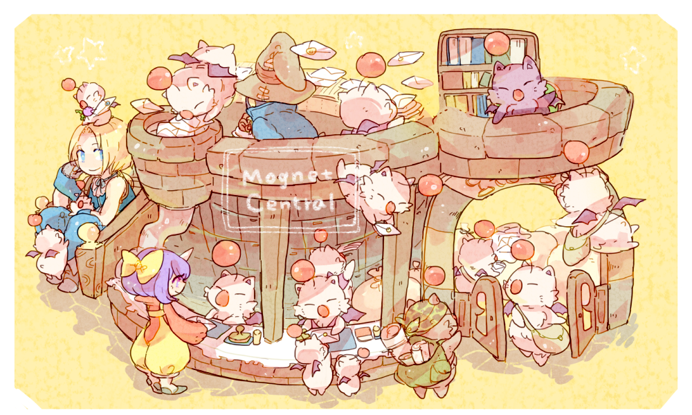 1girl 2boys artemicion backpack bag bandana bare_shoulders blonde_hair blue_eyes blue_pants bookshelf bow brown_headwear closed_mouth eiko_carol final_fantasy final_fantasy_ix gate green_bag green_bandana hair_bow hand_up handbag hat horns ink_stamp katiko letter map moogle multiple_boys no_nose pants purple_hair short_hair single_horn sitting smile standing stiltzkin vivi_ornitier white_horns witch_hat yellow_bow zidane_tribal
