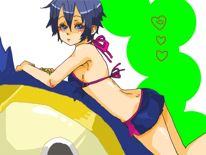 1girl androgynous atlus bad_id bad_pixiv_id bikini blue_eyes blue_hair breasts dolphin_shorts female_focus kuma_(persona_4) persona persona_4 reverse_trap shirogane_naoto short_hair short_shorts shorts solo swimsuit ten ten_(ch)