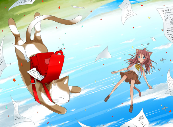 1girl aikei_ake ake animal animal_ears aqua_eyes backpack bad_id bad_pixiv_id bag cat cat_ears cat_tail clothed_animal cloud day falling female_focus original paper randoseru school_uniform serafuku sky solo tail upside-down wind