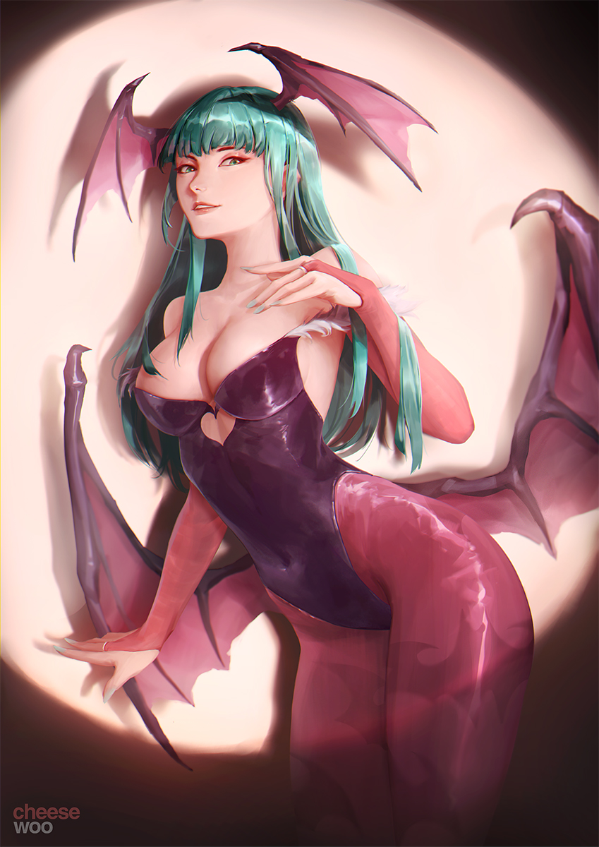 1girl artist_name bare_shoulders blunt_bangs breasts bridal_gauntlets cheesewoo cleavage clothing_cutout covered_navel cowboy_shot demon_wings green_eyes green_hair green_nails head_wings heart_cutout highres large_breasts leotard lips long_hair looking_at_viewer morrigan_aensland nail_polish pantyhose parted_lips solo spotlight straight_hair darkstalkers wide_hips wings