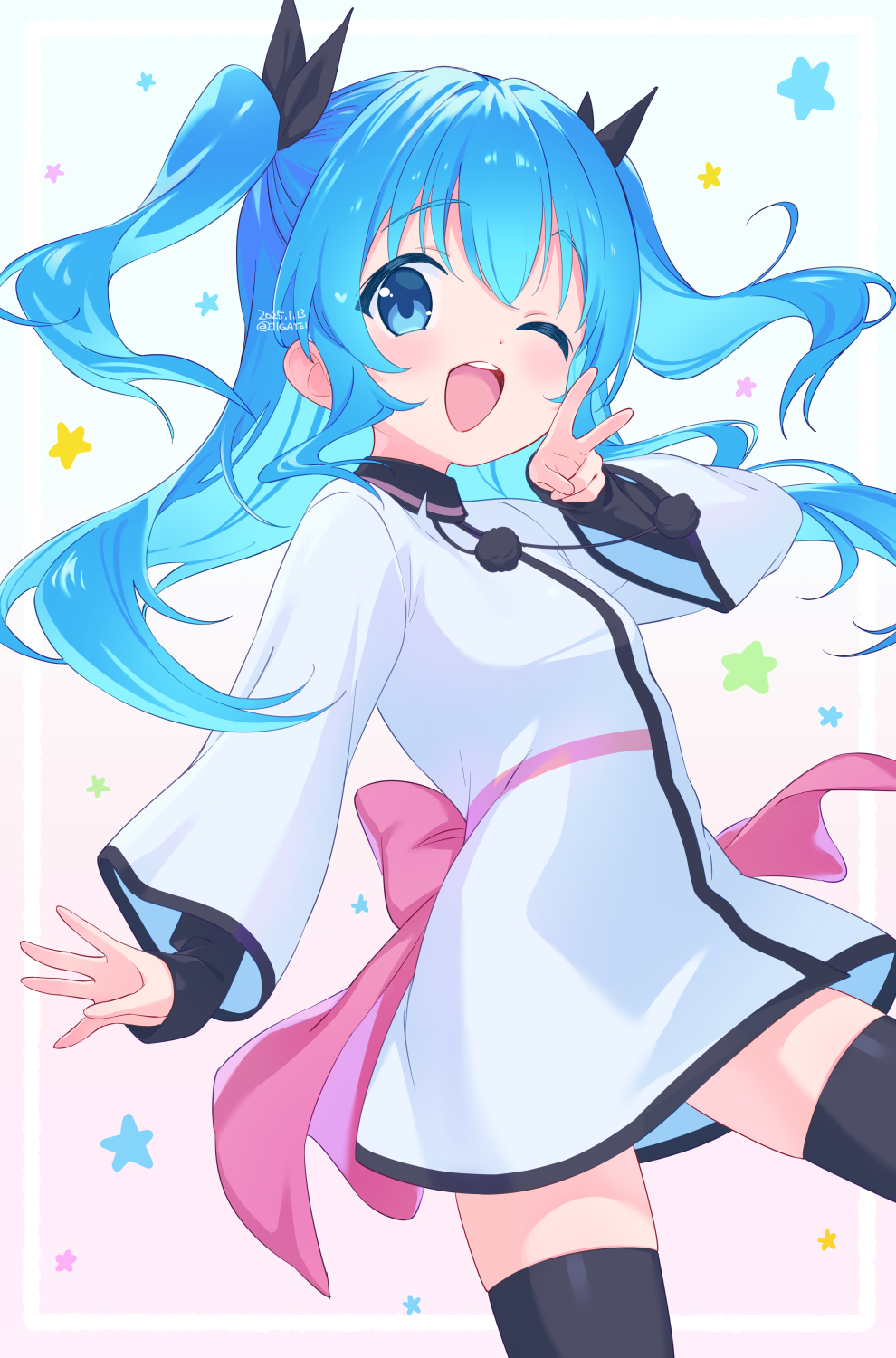 1girl ;d black_ribbon black_thighhighs blue_background blue_eyes blue_hair bow breasts commentary_request cowboy_shot dated dress dress_bow gradient_background hair_between_eyes hair_ribbon hand_up highres jigatei_(omijin) light_blush long_hair long_sleeves looking_at_viewer noel_(sora_no_method) one_eye_closed open_mouth pink_background pink_bow pom_pom_(clothes) ribbon short_dress small_breasts smile solo sora_no_method star_(symbol) star_symbol_background teeth thighhighs twitter_username two_side_up upper_teeth_only v white_dress