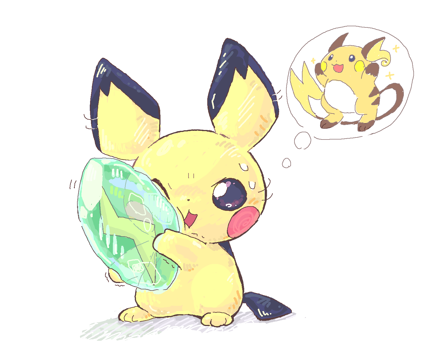 animal_focus cheek_squash evolution_stone evolutionary_stone game_freak gen_1_pokemon gen_2_pokemon highres kumori_nohi motion_lines nintendo no_humans open_mouth pichu pokemon pokemon_(creature) raichu shadow shaking_head simple_background sparkle speech_bubble standing sweatdrop thought_bubble thunder_stone white_background