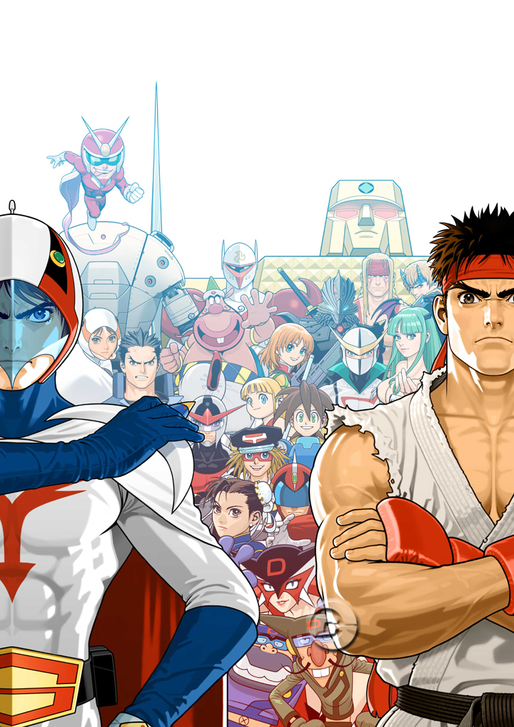 00s 1970s_(style) 1980s_(style) 6+boys 6+girls alex_(street_fighter) android bare_shoulders bat_wings belt belt_buckle belt_pouch black_hair blonde_hair blue_eyes blunt_bangs bodysuit boomerang boyakki breasts brown_eyes brown_hair buck_teeth buckle bun_cover capcom cape casshern casshern_(series) china_dress chinese_clothes chun-li cleavage clenched_teeth crossed_arms crossover darkstalkers demon_girl domino_mask doronjo double_bun dougi dress earrings everyone facial_hair facial_mark feathers fingerless_gloves frown gan-chan gatchaman gloves glowing glowing_eyes gold_lightan gou_sokkyu green_eyes green_hair grin gun gyakuten!_ippatsuman hair_bun hair_ribbon hakushon_daimaou hakushon_daimaou_(series) hardbawler_vs hariken_polymar hat head_wings headband helmet high_ponytail holding holding_weapon ichimonji_batsu ippatsuman jewelry jun_the_swan justice_gakuen kaijin_no_souki karas karas_(character) ken_the_eagle large_breasts lips lipstick long_hair looking_at_viewer lost_planet makeup martial_arts_belt mask mega_man_(classic) mega_man_(series) mega_man_legends_(series) mega_man_volnutt mori_toshiaki morrigan_aensland multiple_boys multiple_girls muscular mustache navel nose official_art oldschool omokane_saki onimusha onimusha:_dawn_of_dreams orange_hair otoha_(karas) ougon_senshi_gold_lightan parted_bangs polymar ponytail pouch ptx-40a quiz_nanairo_dreams retro_artstyle ribbon rifle robot robot_hunter_casshern roll_(mega_man) ryu_(street_fighter) sash serious sheath sheathed shiritsu_justice_gakuen short_hair sidelocks simple_background skin_tight sleeveless smile spiked_hair street_fighter sunglasses sword takada_gan tatsunoko_pro tatsunoko_production tatsunoko_vs_capcom tattoo teeth tekkaman_(character) tekkaman_blade thick_eyebrows time_bokan time_bokan_(series) tongue tongue_out tonzra tonzura torn_clothes turtleneck uchuu_no_kishi_tekkaman vest viewtiful_joe viewtiful_joe_(character) visor watermark weapon white_background wings yatterman yuki_hideyasu