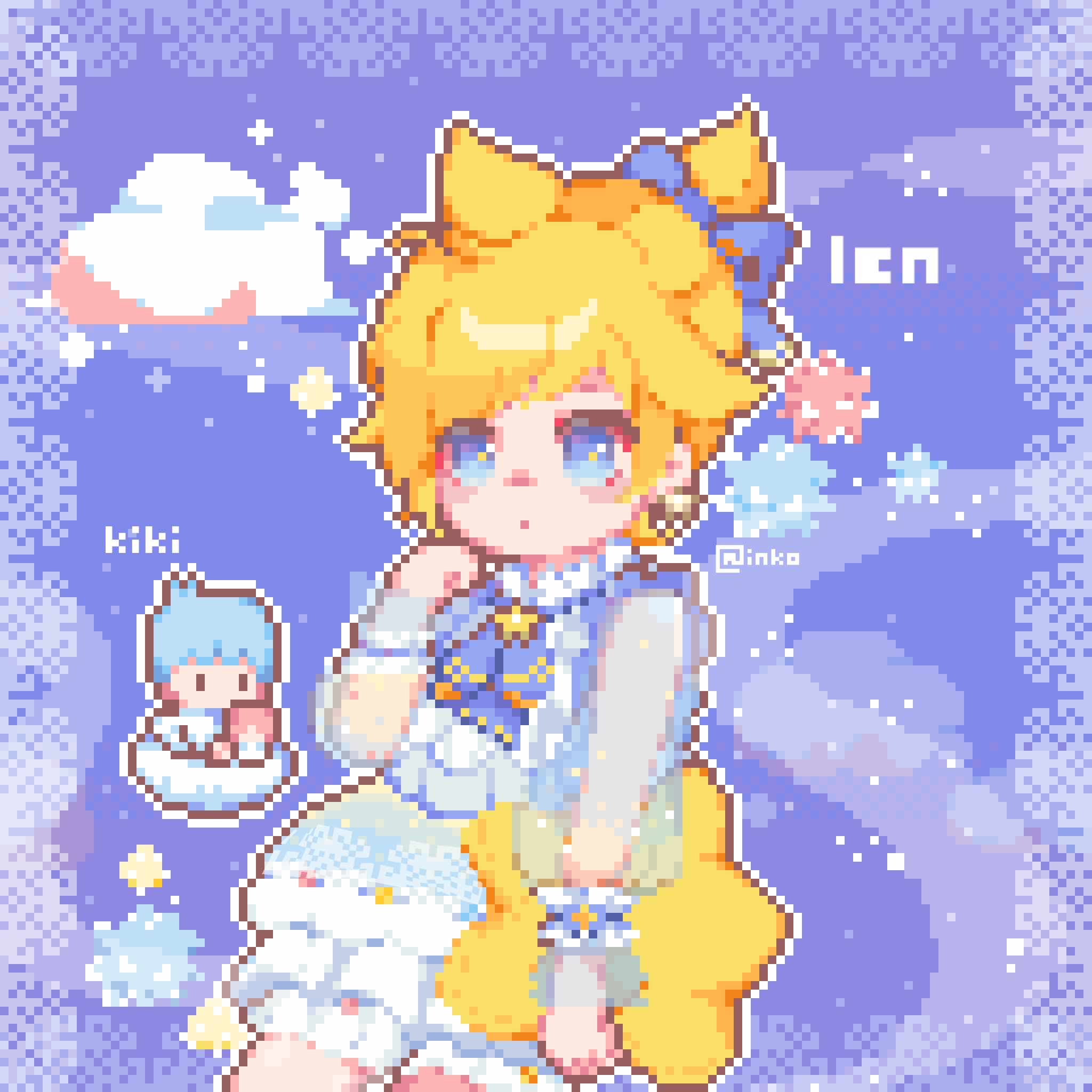 1boy blonde_hair blue_bow blue_bowtie bow bowtie cloud cowboy_shot dress hair_bow high_ponytail highres holding holding_pillow inkotheparrot kagamine_len kiki_(little_twin_stars) little_twin_stars long_sleeves pillow pixel_art ponytail project_sekai puffy_long_sleeves puffy_shorts puffy_sleeves sanrio see-through_clothes see-through_sleeves shorts sky solo star-shaped_pillow star_(symbol) vocaloid white_dress white_shorts yume_kawaii