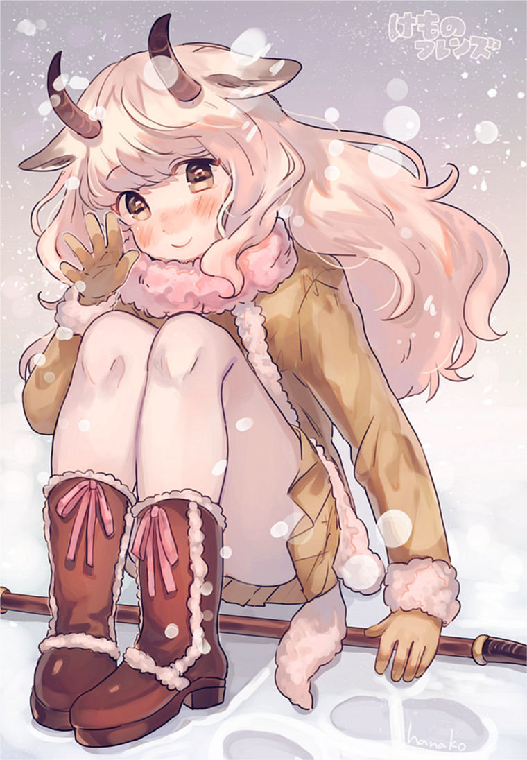10s 1girl animal_ears artist_name blunt_bangs blush boots brown_boots brown_eyes brown_gloves brown_jacket brown_skirt closed_mouth copyright_name dot_nose female_focus footprints footwear_ribbon full_body fur-trimmed_sleeves fur_collar fur_trim gloves hanako151 hand_up holding holding_weapon horizontal_pupils horns jacket kemono_friends knees_up legs_together long_hair looking_at_viewer nose_blush open_hand outdoors pantyhose pink_ribbon pleated_skirt purple_sky ribbon sheep_ears sheep_horns signature sitting skirt sky smile snow snow_sheep_(kemono_friends) snowing solo tareme waving wavy_hair weapon white_hair white_pantyhose