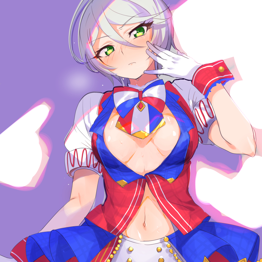 1girl bad_id bad_pixiv_id blush bow bowtie breasts breasts_apart cleavage closed_mouth gloves green_eyes grey_hair hair_between_eyes hand_on_own_face hand_up hot idol_clothes konbu_wakame looking_at_viewer medium_breasts navel nose_blush pretty_series pripara puffy_short_sleeves puffy_sleeves shadow shikyoin_hibiki short_hair short_sleeves skirt solo standing sweat white_gloves